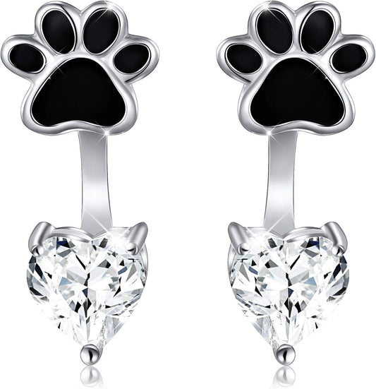 Sterling Silver Forever Love Front and Back Heart Stud Puppy Paw Earrings Jacket for Women