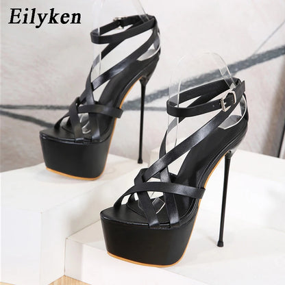 Eilyken Open Toe Ankle Buckle Strap Women Sandals Pumps Party Platform Club Stiletto High Heels Hollow Out Dress Shoes Black