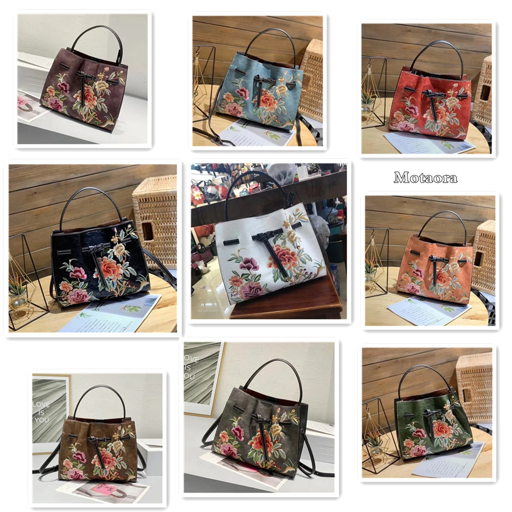Chinese Style Embroidery Women Shoulder Bag for Ladies Handbags Leather Women'S Luxury Designer Handbag White Big Bags