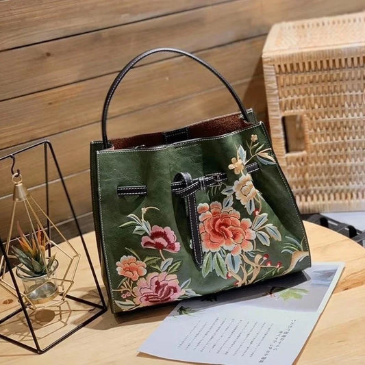 Chinese Style Embroidery Women Shoulder Bag for Ladies Handbags Leather Women'S Luxury Designer Handbag White Big Bags