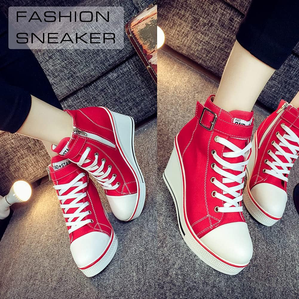 Stylish Wedge Heel Sneakers for Women - High Heel Canvas Shoes with Side Zipper & Lace-Up Design for College Students - Alrickas’ UNIQUE BOUTIQUE
