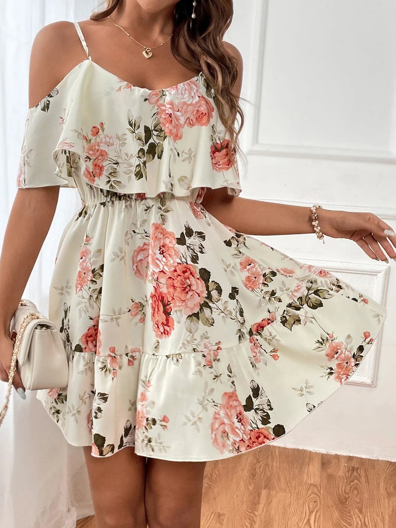 Clasi Romantic Flower and Plant Printed Off-The-Shoulder Ruffle Strap Vacation Summer Dress Dresses Graduation,Summer Dresses for Women