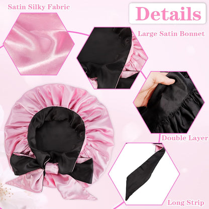 Jumbo Bonnet,Reversible Double Layer Satin Bonnet for Black Women,Adjustable Extra Large Sleeping Satin Lined Bonnet,Silk Bonnet Night Cap with Wide Tie Band for Braids Long Curly Hair(Black Pink)