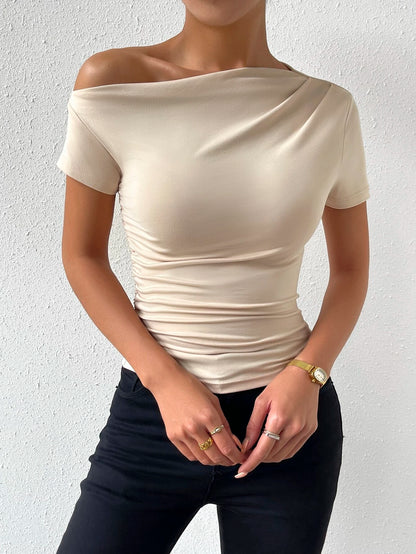Chiquease Solid Ruched Asymmetrical Neck Tee