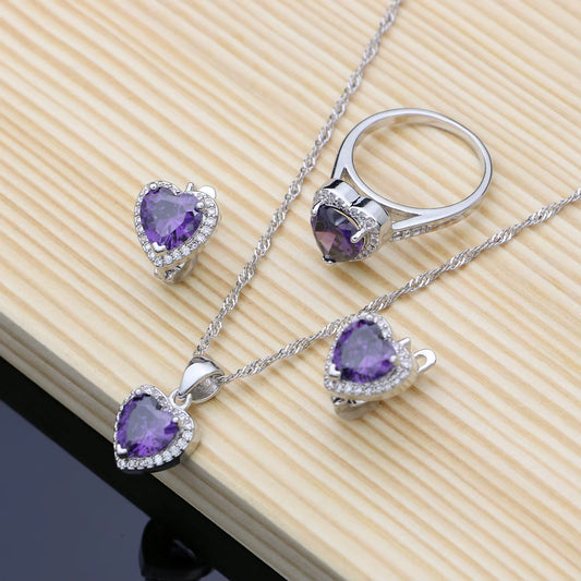 Romantic Heart Shaped Silver 925 Jewelry Sets for Women Purple Amethyst Earrings Rings Confession Girl Necklace Set Dropshipping