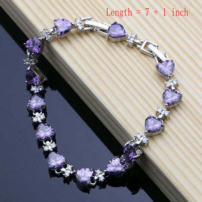 Romantic Heart Shaped Silver 925 Jewelry Sets for Women Purple Amethyst Earrings Rings Confession Girl Necklace Set Dropshipping
