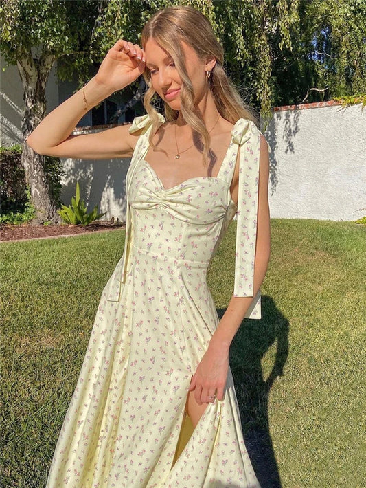 Women Summer Maxi Dress 2022 Boho Straghtti Strap Floral Print Dress Holiday Party Backless Elegant Vestidos Beach-Wear