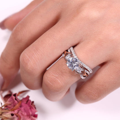 Two Tone Rings for Women Rose Gold Three Stone round Cut Engagement Rings Sterling Silver Halo Bridal Ring Set Anniversary Promise Wedding Ring with Jewelry Gift Box