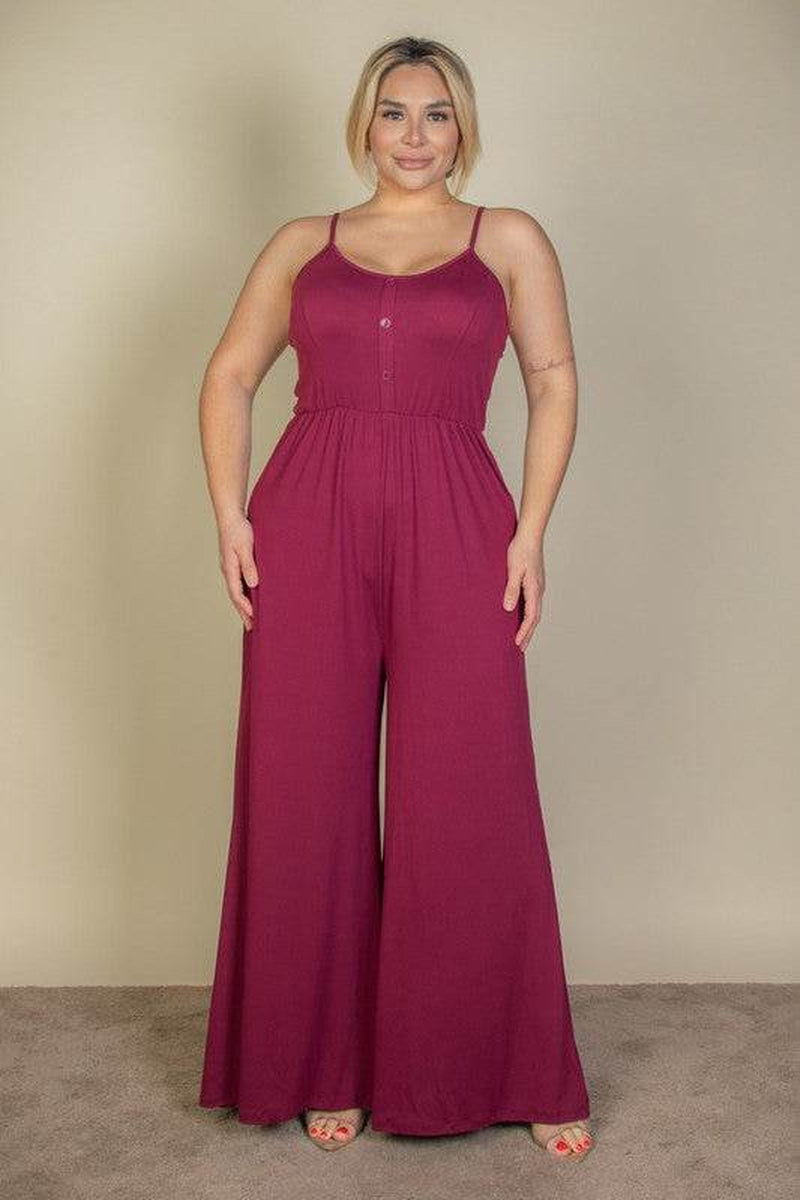 Chic Plus Size Button Front Wide Leg Jumpsuit for Effortless Style - Alrickas’ UNIQUE BOUTIQUE