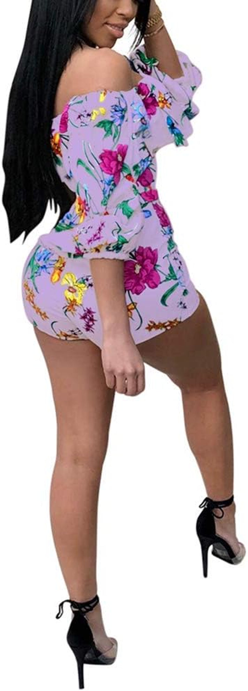Women Sexy One Piece Romper Outfits Pull Sleeve Floral Print off Shoulder Short Jumpsuit Pants Set