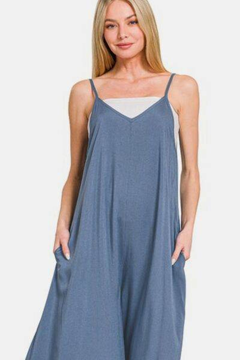 Zenana Wide Leg Overalls with Pockets - Spaghetti Strap Design