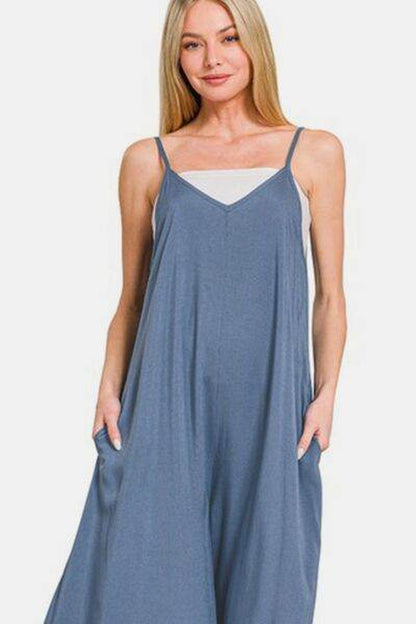 Zenana Wide Leg Overalls with Pockets - Spaghetti Strap Design
