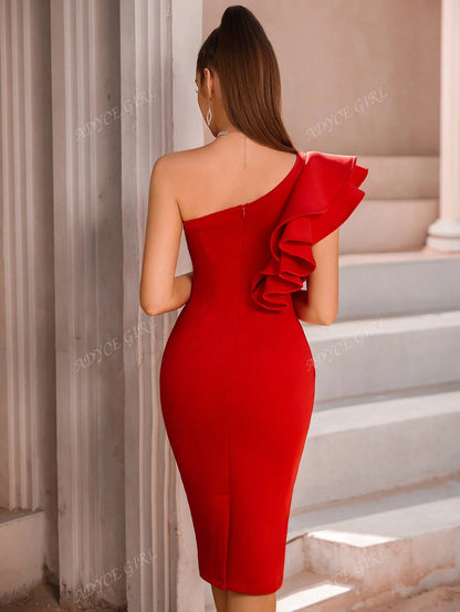ADYCE One Shoulder Exaggerated Ruffle Trim Split Back Cocktail Party Bandage Dress