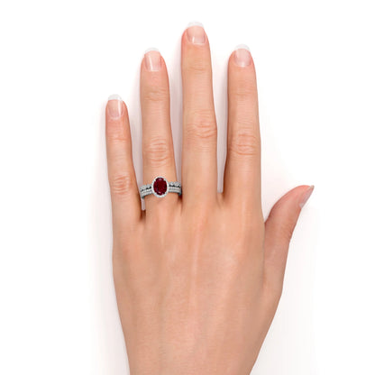 2 Carat Oval Antique Pigeon Blood Lab Created Ruby Trio Ring Set in 18K White Gold over Silver