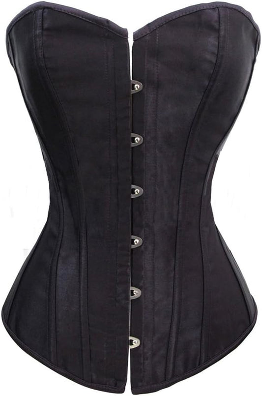 Black Satin Sexy Strong Boned Corset Lace up Overbust Waist Cincher Bustier Bodyshaper Top - Also White & Red