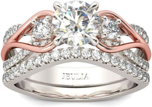 Two Tone Rings for Women Rose Gold Three Stone round Cut Engagement Rings Sterling Silver Halo Bridal Ring Set Anniversary Promise Wedding Ring with Jewelry Gift Box