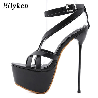 Eilyken Open Toe Ankle Buckle Strap Women Sandals Pumps Party Platform Club Stiletto High Heels Hollow Out Dress Shoes Black
