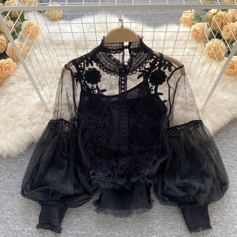 Women'S Blouses & Shirts Women Spring Autumn Long Sleeve Top Perspective Decal Vintage Dress White/Blue/Black/Purple Lantern Lace Court Styl