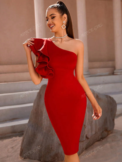 ADYCE One Shoulder Exaggerated Ruffle Trim Split Back Cocktail Party Bandage Dress