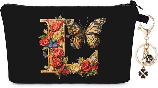 Makeup Bag and Keychain Letters Zipper Pouch Travel Accessories Black Cosmetic Bag Make up Organizer (L)