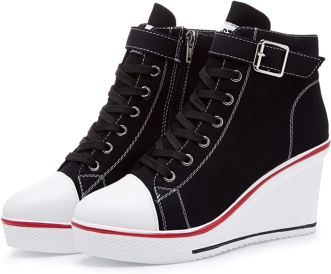 Stylish Wedge Heel Sneakers for Women - High Heel Canvas Shoes with Side Zipper & Lace-Up Design for College Students - Alrickas’ UNIQUE BOUTIQUE