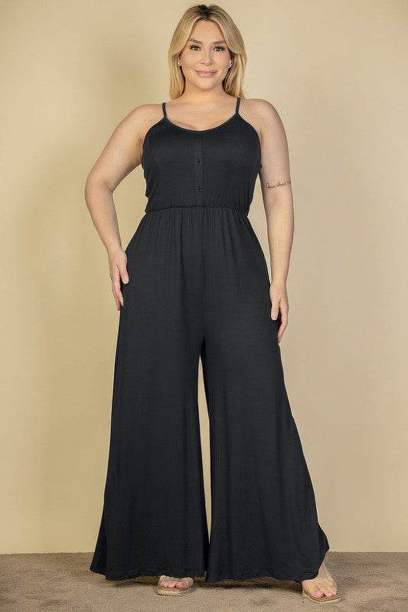 Chic Plus Size Button Front Wide Leg Jumpsuit for Effortless Style - Alrickas’ UNIQUE BOUTIQUE