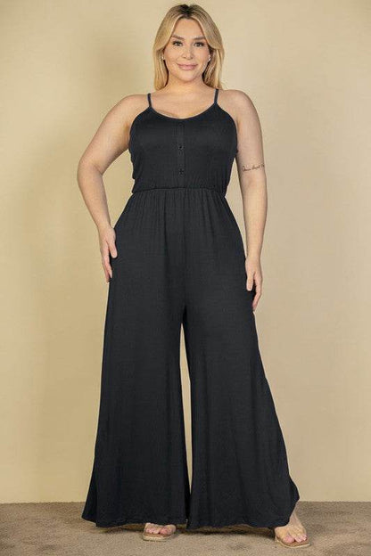 Chic Plus Size Button Front Wide Leg Jumpsuit for Effortless Style - Alrickas’ UNIQUE BOUTIQUE