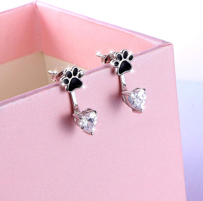 Sterling Silver Forever Love Front and Back Heart Stud Puppy Paw Earrings Jacket for Women