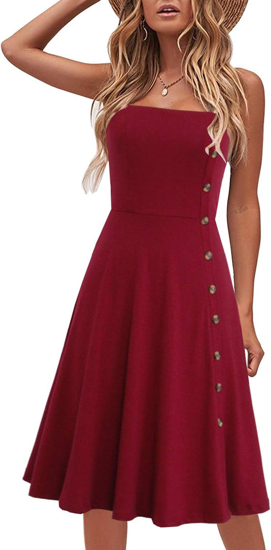 Women'S Casual Summer Beach Flattering Flowy A-Line Spaghetti Straps Solid Cotton Button down Midi Sundress