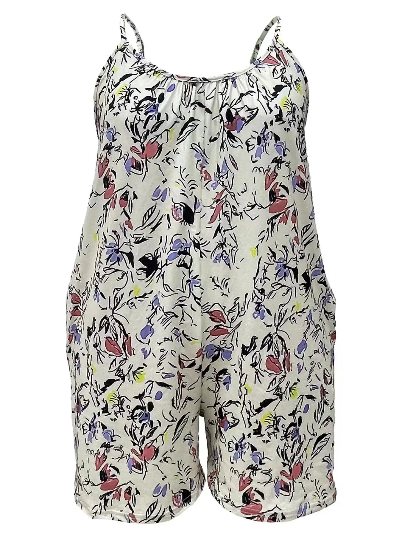 Chic Plus Size Allover Print Cami Romper with Pockets - Effortlessly Stylish Sleeveless Jumpsuit for Women - Alrickas’ UNIQUE BOUTIQUE