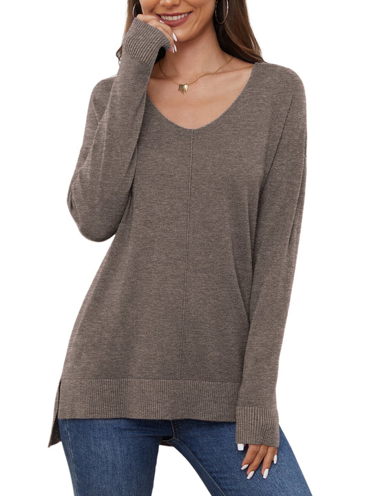V Neck Sweaters for Women Fall Lightweight Knit Pullover Sweater Tops,Us Size S-2XL in Brown