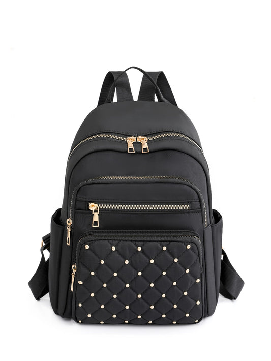 Lightweight Argyle Quilted Zipper Backpack Purse, Large Capacity Studded Decor Bookbag, Casual Laptop Bag Studded Decor Quilted Functional Backpack, Mother'S Day Gift for Mom School Bag for Graduate, Teen Girls, Freshman, Sophomore, Junior & Senior in College, University & High School, Perfect for Outdoors ,Travel & Back to School Quilted Zipper Backpack Purse, Classic Studded Decor Daypack, Women'S Stylish Preppy School Bag & Book Bag