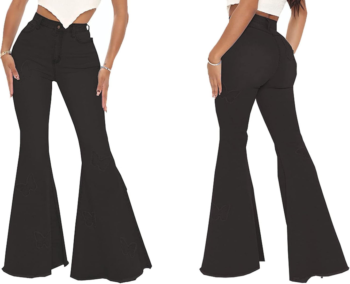 Vintage High Waisted Bell Bottom Jeans for Women - Ripped Flare Denim Pants with Raw Hem - Alrickas’ UNIQUE BOUTIQUE