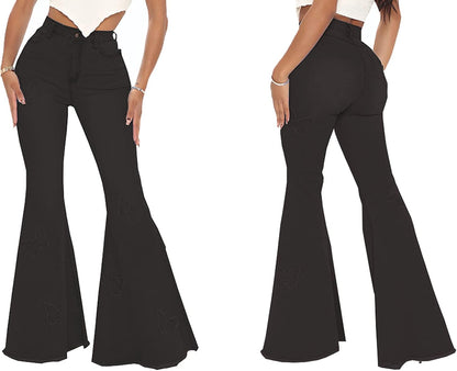 Vintage High Waisted Bell Bottom Jeans for Women - Ripped Flare Denim Pants with Raw Hem - Alrickas’ UNIQUE BOUTIQUE
