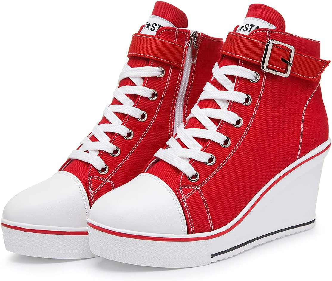 Stylish Wedge Heel Sneakers for Women - High Heel Canvas Shoes with Side Zipper & Lace-Up Design for College Students - Alrickas’ UNIQUE BOUTIQUE