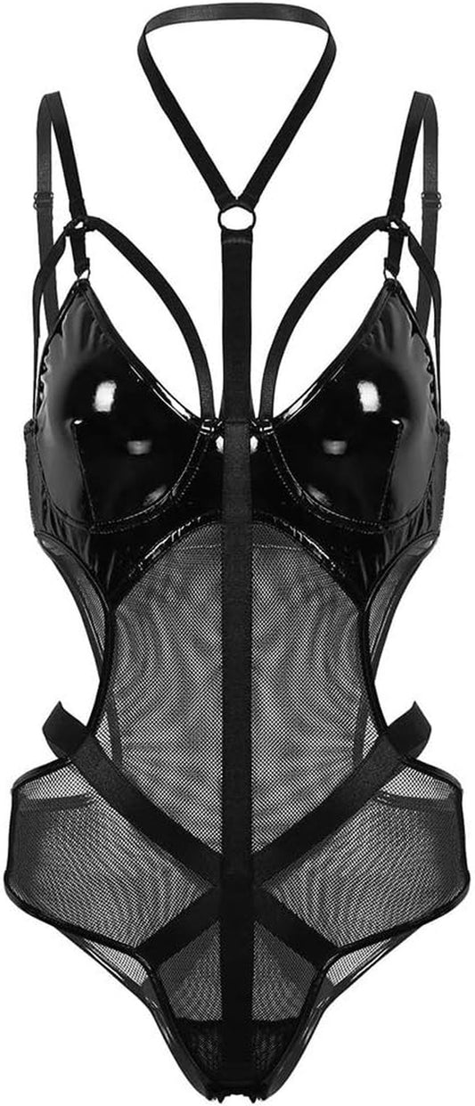 Women’S Wet Look Lingerie Leather Bodysuit Mesh Patchwork Halter Neck High Cut Leotard Bodysuit Clubwear