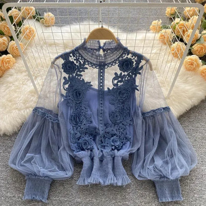 Women'S Blouses & Shirts Women Spring Autumn Long Sleeve Top Perspective Decal Vintage Dress White/Blue/Black/Purple Lantern Lace Court Styl