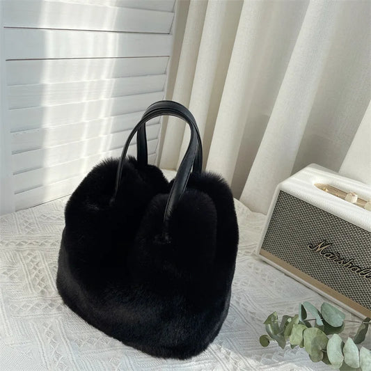 Practical Large-Capacity Bucket Bag Handbag Fashionable Imitation Rabbit Fur Plush Bag Tote Bag 2023 Winter New Designer Bag
