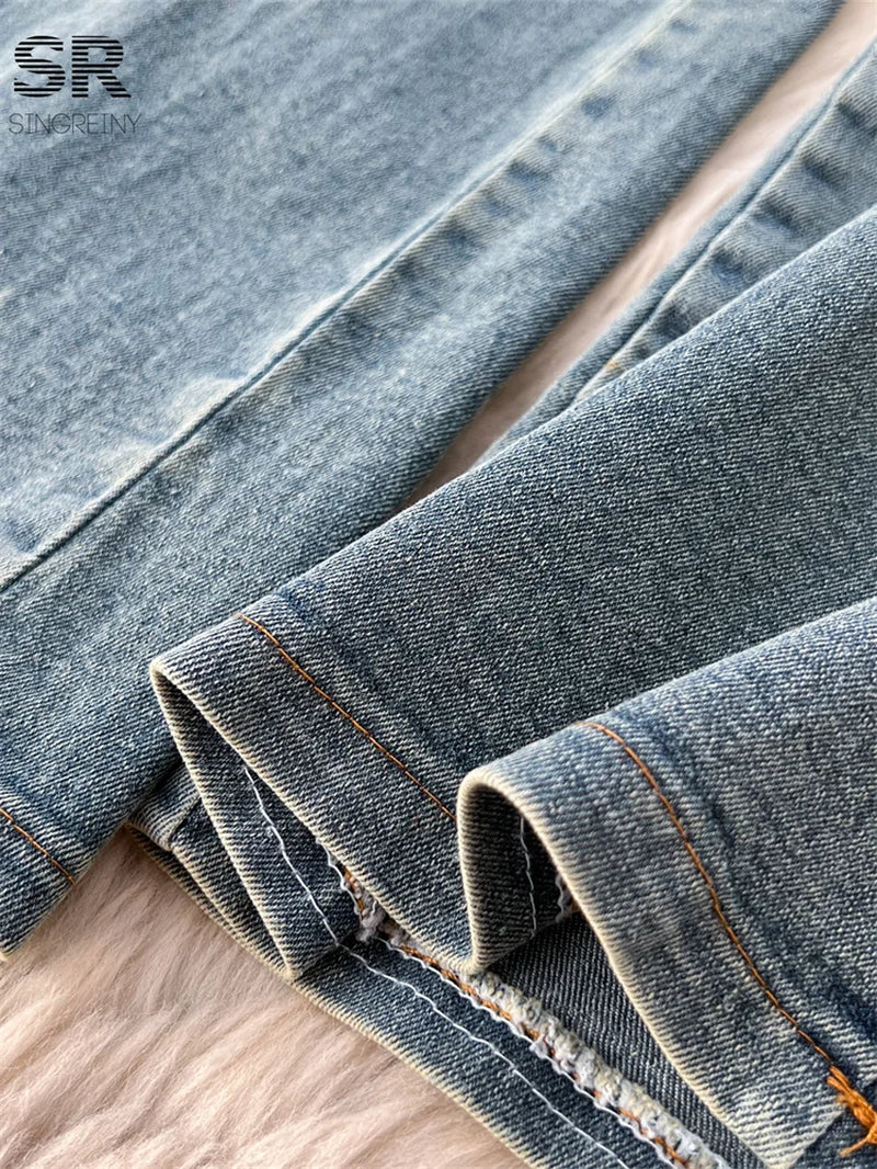 SINGREINY Women's Summer Denim 2-Piece Set - Lace-Up Square Collar Top & Slim Long Pants for Trendy Streetwear - Alrickas’ UNIQUE BOUTIQUE