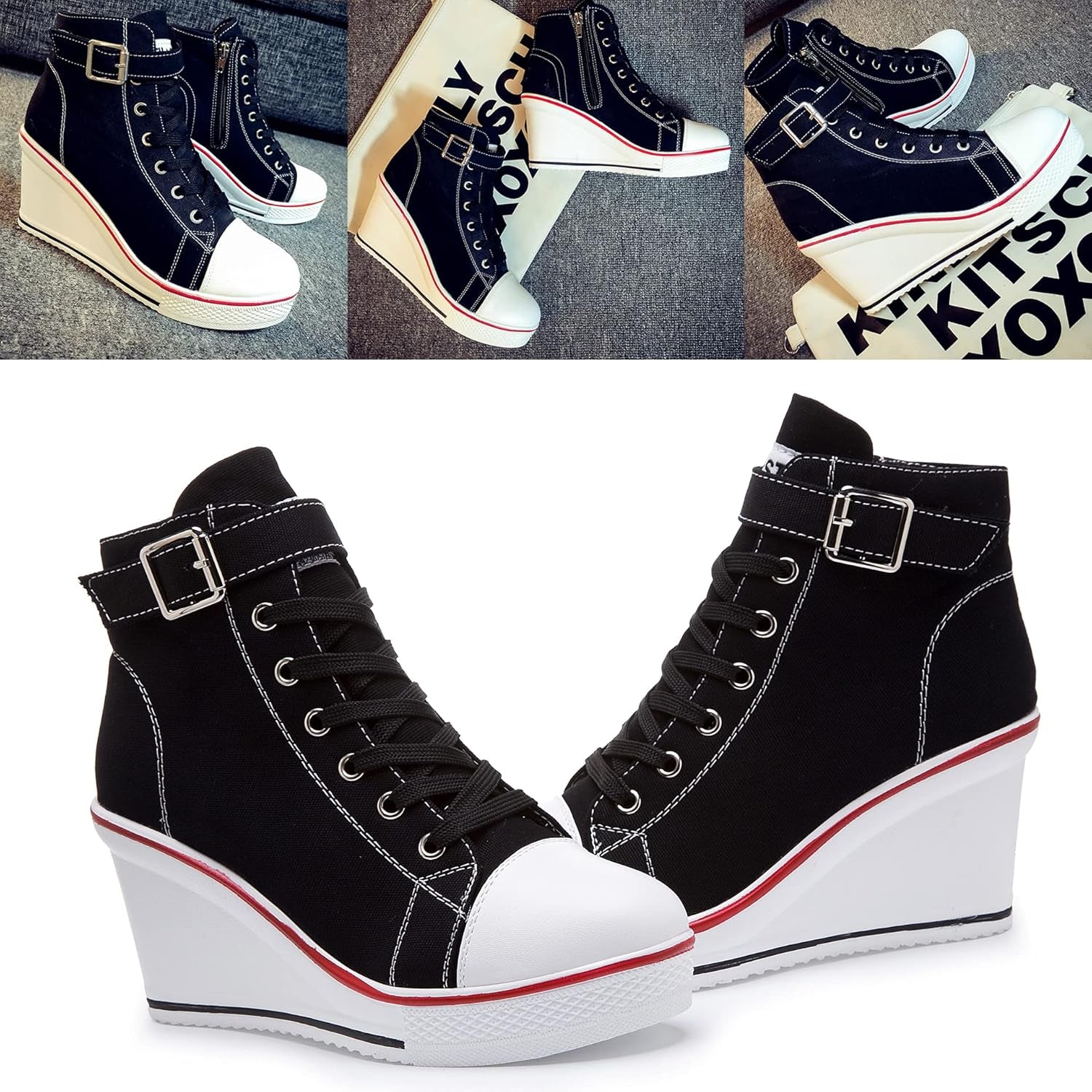 Stylish Wedge Heel Sneakers for Women - High Heel Canvas Shoes with Side Zipper & Lace-Up Design for College Students - Alrickas’ UNIQUE BOUTIQUE