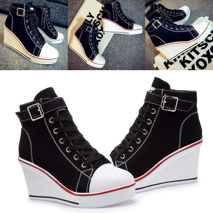 Stylish Wedge Heel Sneakers for Women - High Heel Canvas Shoes with Side Zipper & Lace-Up Design for College Students - Alrickas’ UNIQUE BOUTIQUE