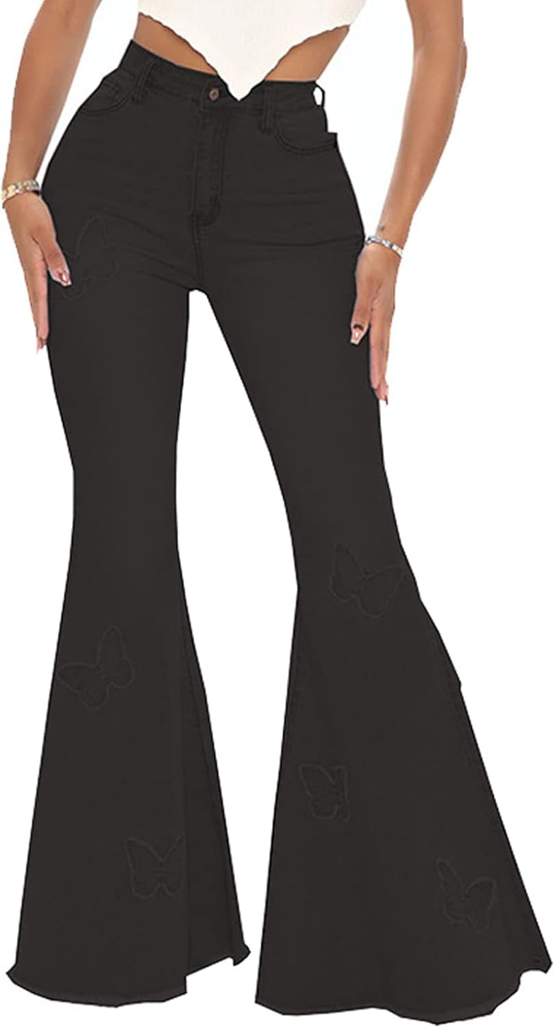 Vintage High Waisted Bell Bottom Jeans for Women - Ripped Flare Denim Pants with Raw Hem - Alrickas’ UNIQUE BOUTIQUE