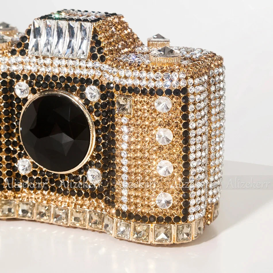 Camera Shaped Diamond Evening Clutch Bags 2024 New Boutique Novelty Metallic Rhinestone Purses and Handbags Bridal Wedding Party