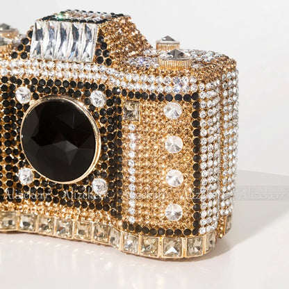 Camera Shaped Diamond Evening Clutch Bags 2024 New Boutique Novelty Metallic Rhinestone Purses and Handbags Bridal Wedding Party