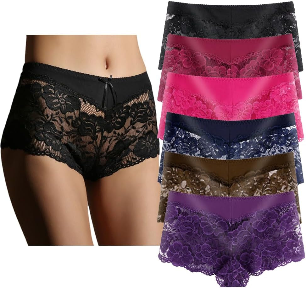Women'S Underwear Regular & plus Size Panties Lace Boyshort Hipster Cheeky Panty- 6 Pack