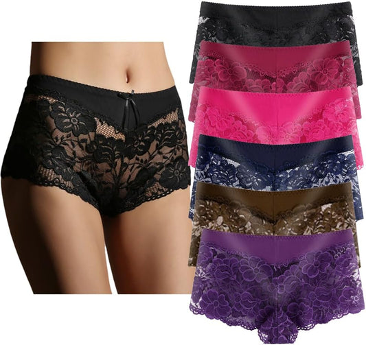 Women'S Underwear Regular & plus Size Panties Lace Boyshort Hipster Cheeky Panty- 6 Pack