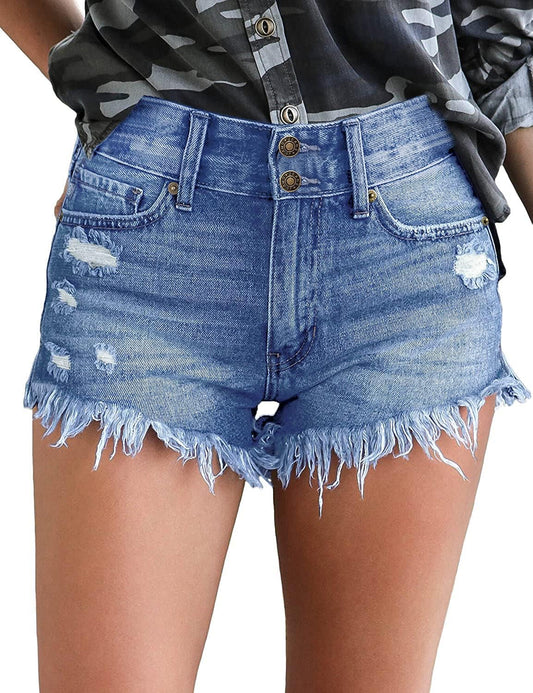 Women Casual High Waisted Denim Shorts Frayed Raw Hem Ripped Jeans Shorts