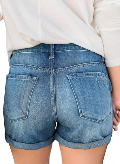 Women'S Ripped High Waisted Denim Shorts Stretchy Cuffed Hem Jean Shorts