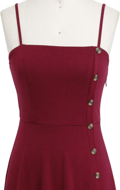 Women'S Casual Summer Beach Flattering Flowy A-Line Spaghetti Straps Solid Cotton Button down Midi Sundress
