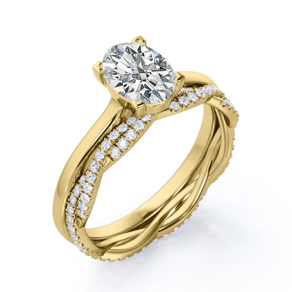 4 Prong Set - 1.75 Carat Oval Shape - Pave Twisted Shank Wedding Set - 18K Yellow Gold Plating over Silver (CUSTOMIZE YOUR WEDDING RING BAND)